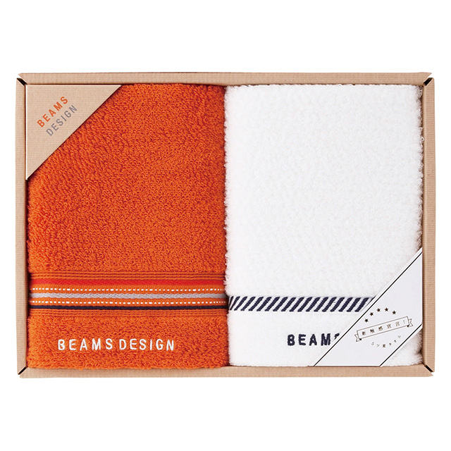 BEAMS DESIGN ラインドットフェイスタオル2枚セット オレンジ
