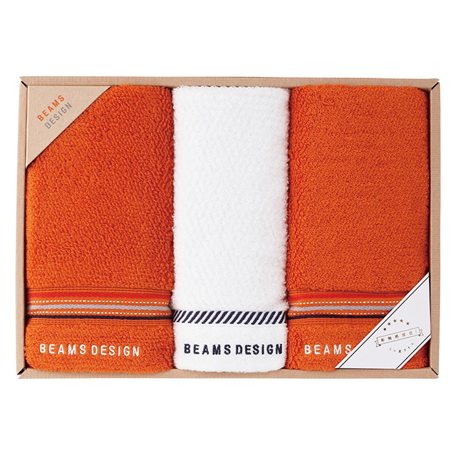 BEAMS DESIGN ラインドットタオル3枚セット オレンジ