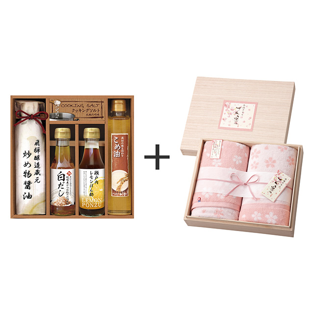 美食ファクトリー こだわり調味料5種ギフト+木箱入りさくら染め バスタオル2枚セット