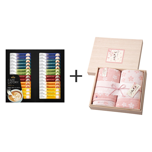 AGF ブレンディ カフェラトリースティックプレミアムギフト+木箱入りさくら染め バスタオル2枚セット