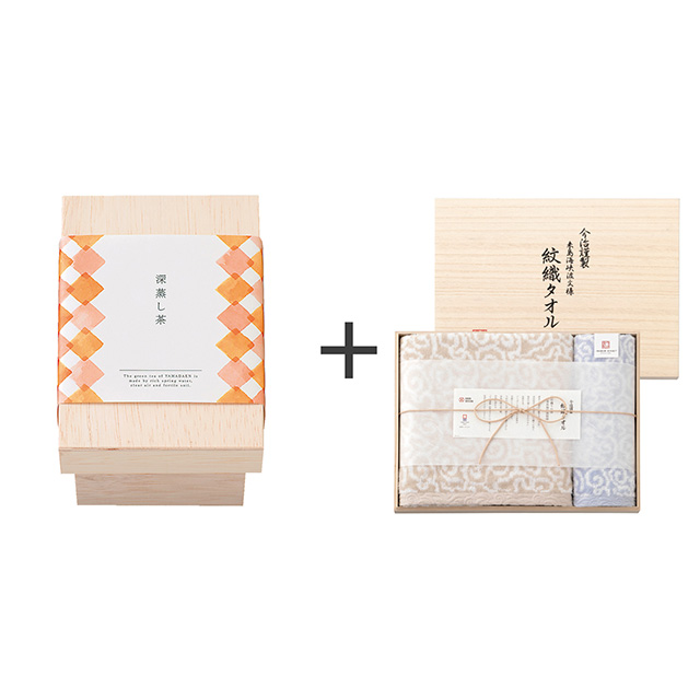 山田園 深蒸し茶ティーバッグ(茶箱入)+今治謹製 紋織タオル タオル2枚セット メイン画像