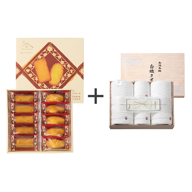 日本の極み しっとりフィナンシェ＆マドレーヌ10個入＋今治謹製 白織タオル タオル4枚セット メイン画像