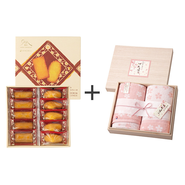 日本の極み しっとりフィナンシェ&マドレーヌ10個入+木箱入りさくら染め バスタオル2枚セット メイン画像