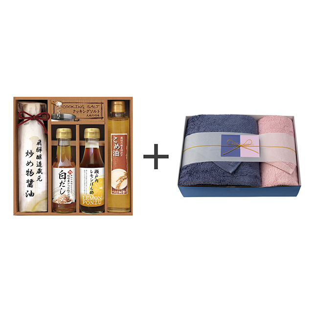 美食ファクトリー こだわり調味料5種ギフト＋日本の極み プレミアムカラー タオル2枚セット メイン画像