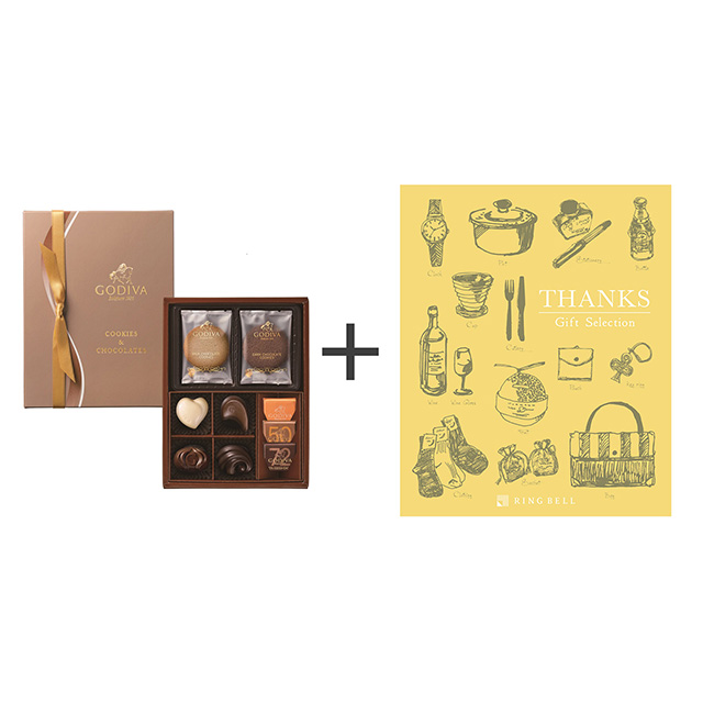 ゴディバ クッキー＆チョコレート アソートメント(クッキー4枚＆チョコレート7粒)＋カタログ式ギフト サンクス ミモザイエロー メイン画像